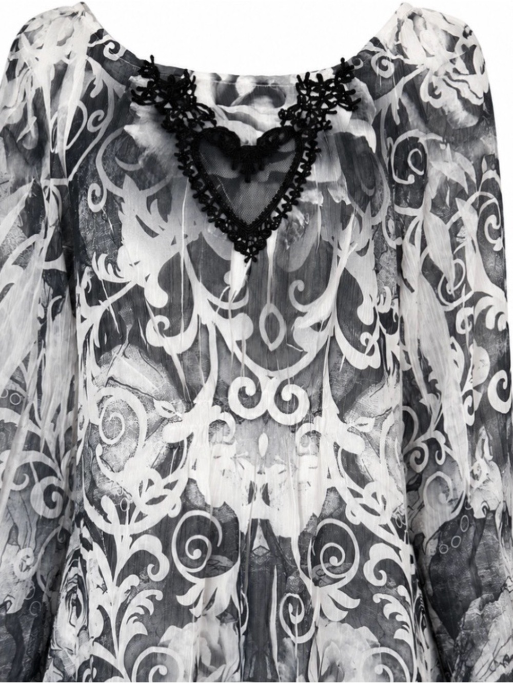 Gothic Romantic Sheer Tunic Top Black White Heart Bodice Boho Medium Blouse